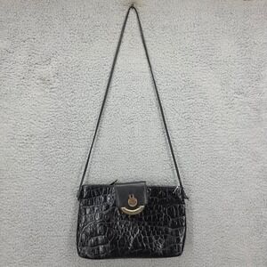 Vintage Etienne Aigner‎ Black Croc Embossed Leather Crossbody Bag Shoulder Purse